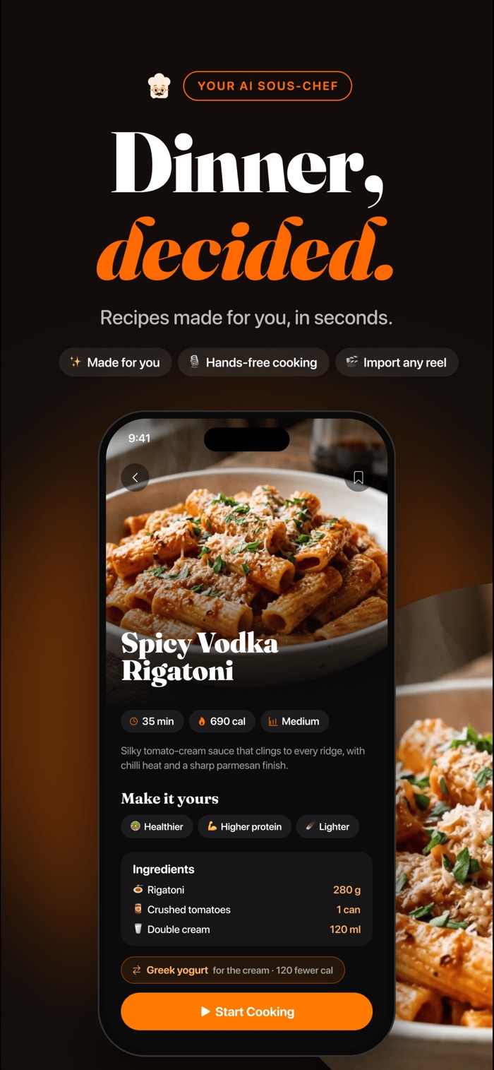 Chefie recipe screen for Spicy Vodka Rigatoni with time, calories, ingredients and a Start Cooking button