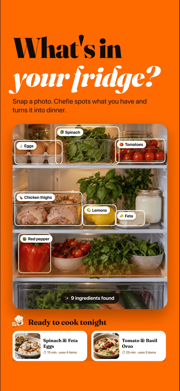 A fridge photo with eggs, spinach, tomatoes, chicken thighs, lemons and feta detected, and two recipes ready to cook
