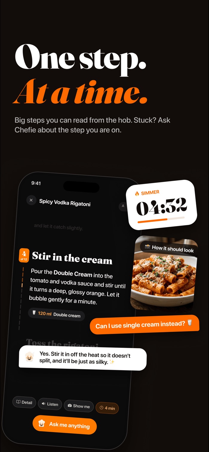 Cook mode showing step 4 of 12, a simmer timer, a photo of how it should look and a question answered by Chefie