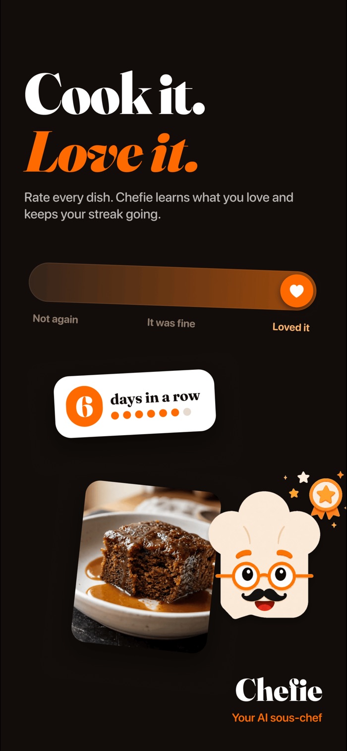 A rating slider from Not again to Loved it, and a six-day cooking streak